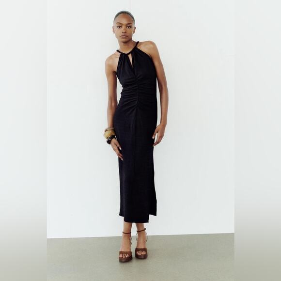 Zara Black HALTER NECK MIDI DRESS Size Extra Large XL - Picture 1 of 12